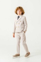 Beystil Sivri Yaka Taş Rengi Çocuk Kruvaze Takım Elbise Set -Slim Fit - Beystil