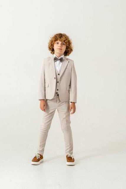 Beystil Sivri Yaka Bej Çocuk Takım Elbise Set -Slim Fit - Beystil