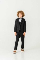 Beystil Sivri Yaka Siyah Çocuk Takım Elbise Set -Slim Fit 