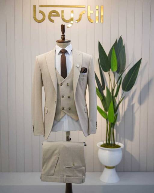 Beystil Sivri Yaka Krem Takım Elbise Elanor- Slim Fit - 