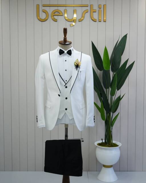Full Set Slimfit Kırlangıç Yaka Beyaz Damatlık Y75 - 
