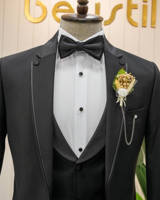 Full Set Slimfit Kırlangıç Yaka Siyah Damatlık Y77 - 