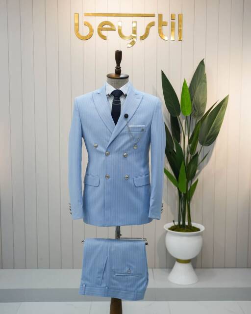 Full Set Slimfit Likralı Bebek Mavi Çizgili Kruvaze Takım Elbise Çizgili - 