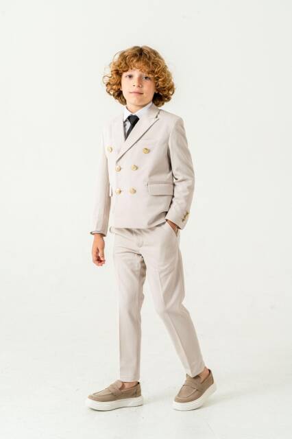 Full Set Slimfit Likralı Taş Rengi Çocuk Kruvaze Takım Elbise - 