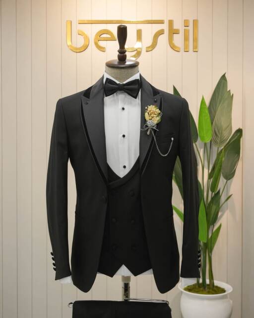 Full Set Slimfit Likralı Kırlangıç Yaka Siyah Damatlık 446 - 