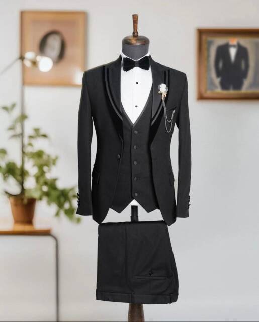 Full Set Slimfit Likralı Kırlangıç Yaka Siyah Damatlık - 