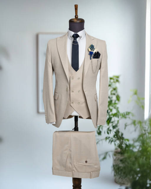 Full Set Slimfit Likralı Krem Takım Elbise - 