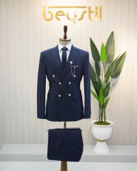 Full Set Slimfit Likralı Lacivert Çizgili Kruvaze Takım Elbise Bezayak 