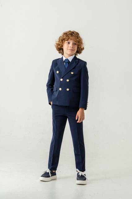 Full Set Slimfit Likralı Lacivert Çocuk Kruvaze Takım Elbise - 