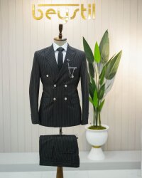 Full Set Slimfit Likralı Siyah Çizgili Kruvaze Takım Elbise Bezayak 