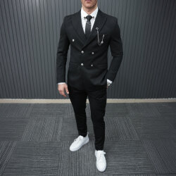 Full Set Slimfit Likralı Siyah Kruvaze Takım Elbise Petek 