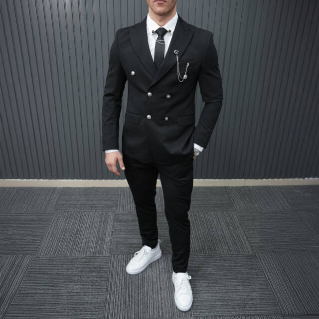 Full Set Slimfit Likralı Siyah Kruvaze Takım Elbise Petek - 