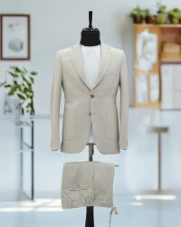 Full Set SlimFit Likralı Jogger Krem Takım Elbise Gofre 