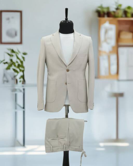 Full Set SlimFit Likralı Jogger Krem Takım Elbise Gofre - 