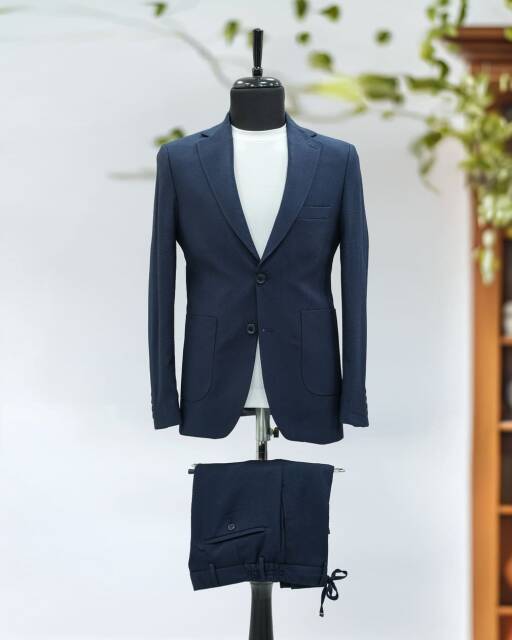 Full Set SlimFit Likralı Jogger Takım Elbise Lacivert Gofre - 