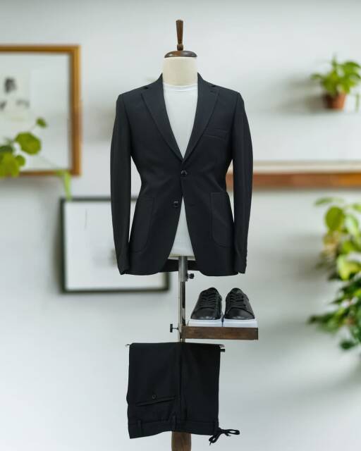 Full Set SlimFit Likralı Jogger Takım Elbise Siyah Gofre - 