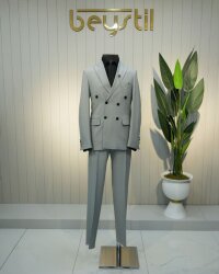 Beystil Sivri Yaka Gri Kruvaze Takım Elbise Granada - Slim Fit 