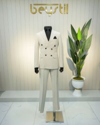 Beystil Sivri Yaka Krem Kruvaze Takım Elbise Granada - Slim Fit 