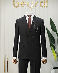 Beystil Sivri Yaka Siyah Kruvaze Takım Elbise Granada - Slim Fit - Beystil