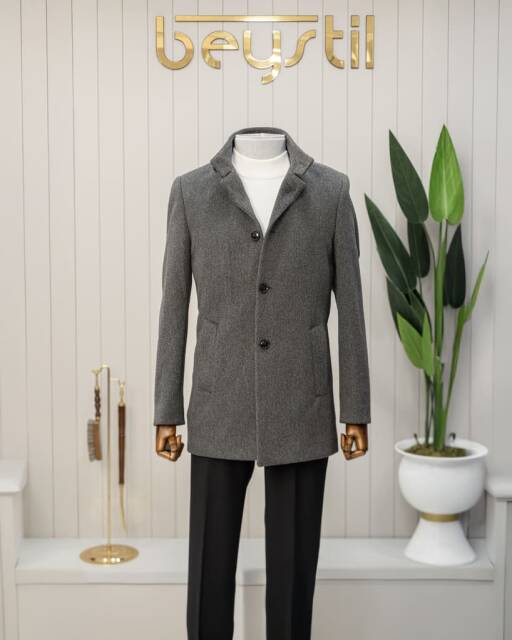 Beystil Hakim Yaka Füme Kaşe Kaban - Slim Fit - Beystil
