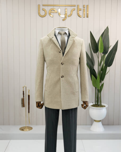 Beystil Hakim Yaka Krem Kaşe Kaban - Slim Fit - 