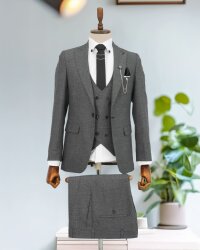 Kırçıllı Full Set SlimFit Likralı Gri Takım Elbise Bezayak 