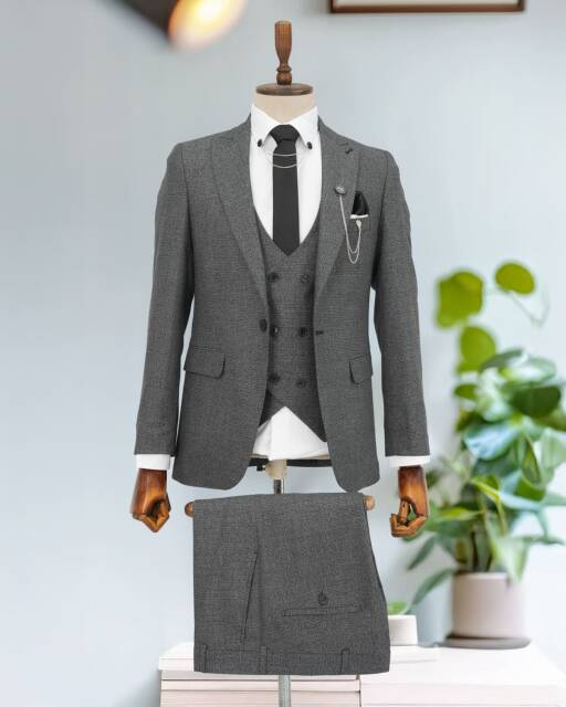 Kırçıllı Full Set SlimFit Likralı Gri Takım Elbise Bezayak - 