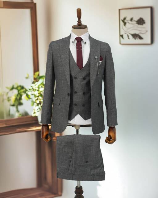 Kırçıllı Full Set SlimFit Gri Takım Elbise Storm - 