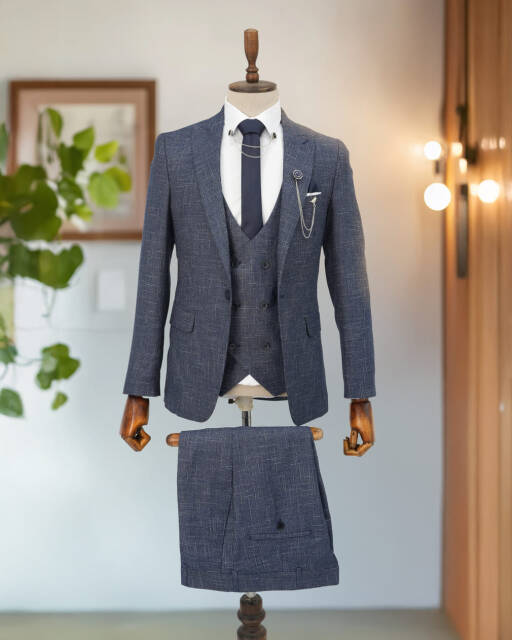 Kırçıllı Full Set SlimFit Lacivert Takım Elbise Storm - 