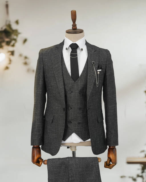 Kırçıllı Full Set SlimFit Siyah Takım Elbise Storm - 