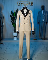 Beystil Erkek Krem Saten Yakalı Kruvaze Damatlık ve Smokin Takım - Slim Fit - Beystil