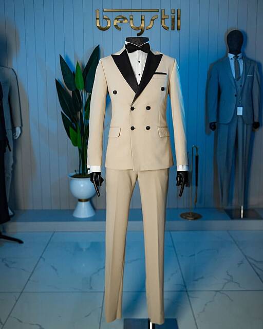 Beystil Erkek Krem Saten Yakalı Kruvaze Damatlık ve Smokin Takım - Slim Fit - Beystil