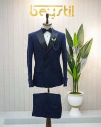 Beystil Sivri Yaka Lacivert Damatlık & Smokin Kruvaze Takım - Slim Fit 