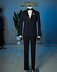 Beystil Erkek Lacivert Saten Yakalı Kruvaze Damatlık ve Smokin Takım - Slim Fit - Beystil