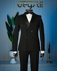 Beystil Erkek Siyah Saten Yakalı Kruvaze Damatlık ve Smokin Takım - Slim Fit - Beystil