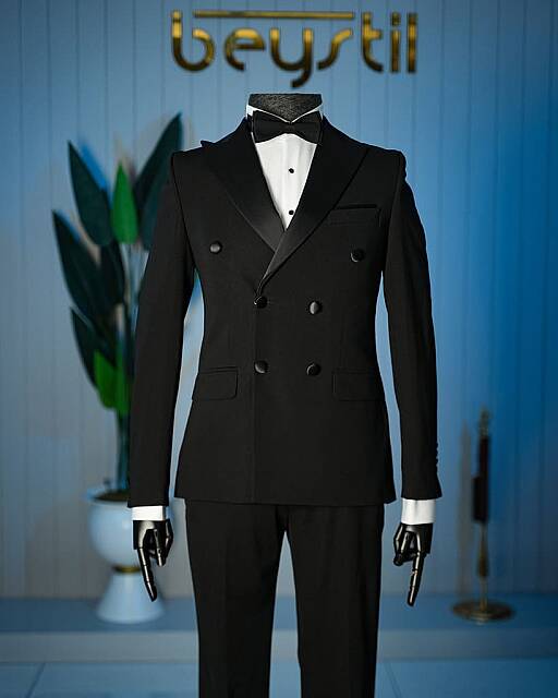 Beystil Erkek Siyah Saten Yakalı Kruvaze Damatlık ve Smokin Takım - Slim Fit - Beystil
