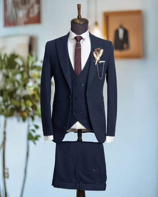 Full Set SlimFit Likralı Lacivert Takım Elbise Petek - 