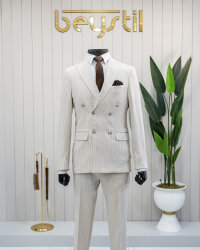 Beystil Sivri Yaka Bej Çizgili Kruvaze Takım Elbise Lecce - Slim Fit - Beystil