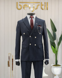 Beystil Sivri Yaka Lacivert Çizgili Kruvaze Takım Elbise Lecce - Slim Fit - Beystil