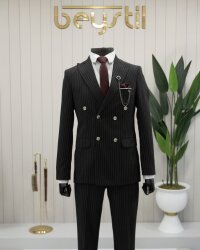 Beystil Sivri Yaka Siyah Çizgili Kruvaze Takım Elbise Lecce- Slim Fit - Beystil