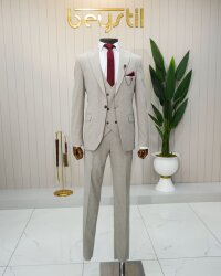 Beystil Sivri Yaka Krem Takım Elbise Muline - Slim Fit - Beystil
