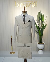 Beystil Sivri Yaka Krem Kruvaze Takım Elbise Nikol - Slim Fit - Beystil
