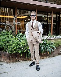 Beystil Erkek Mono Yaka Krem Takım Elbise Porche - Slim Fit - Beystil