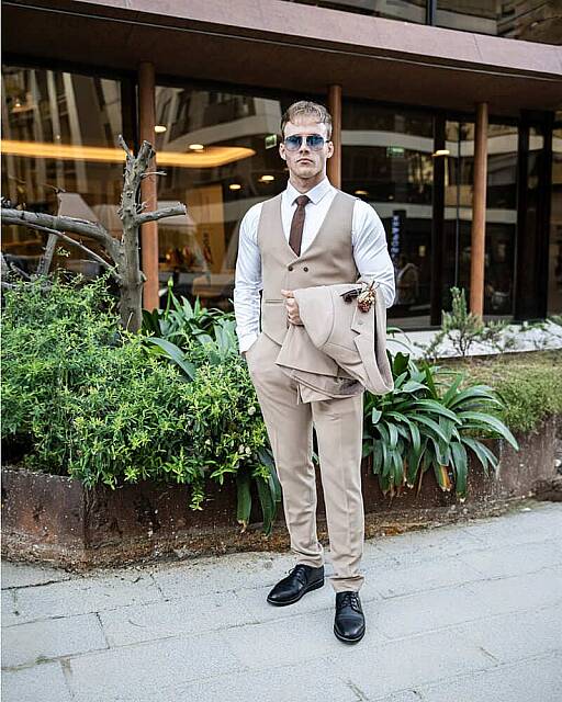Beystil Erkek Mono Yaka Krem Takım Elbise Porche - Slim Fit - Beystil