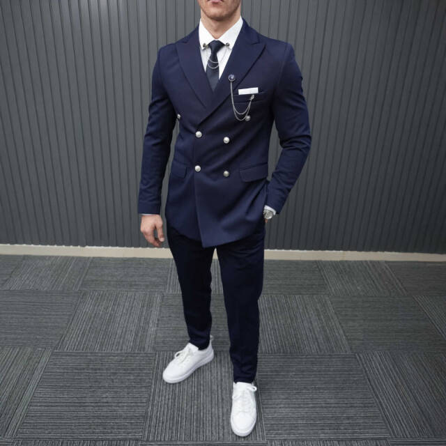 Beystil Sivri Yaka Lacivert Kruvaze Takım Elbise Petek036 - Slim Fit - 