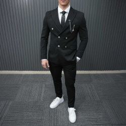 Beystil Sivri Yaka Siyah Kruvaze Takım Elbise Petek036 - Slim Fit - Beystil