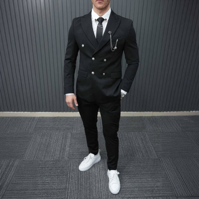 Beystil Sivri Yaka Siyah Kruvaze Takım Elbise Petek036 - Slim Fit - Beystil