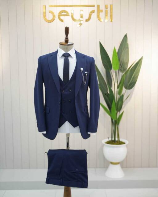 Beystil Sivri Yaka Lacivert Takım Elbise Petek04 - Slim Fit - 