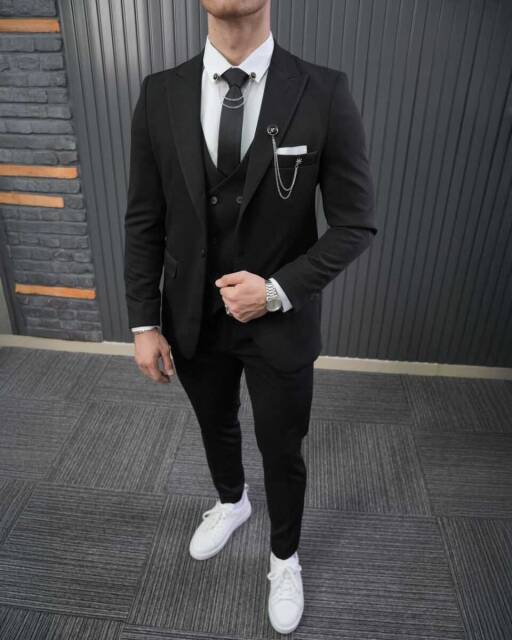 Beystil Sivri Yaka Siyah Takım Elbise Petek04 - Slim Fit - 