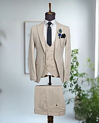 Beystil Sivri Yaka Bej Takım Elbise Petek - Slim Fit - Beystil